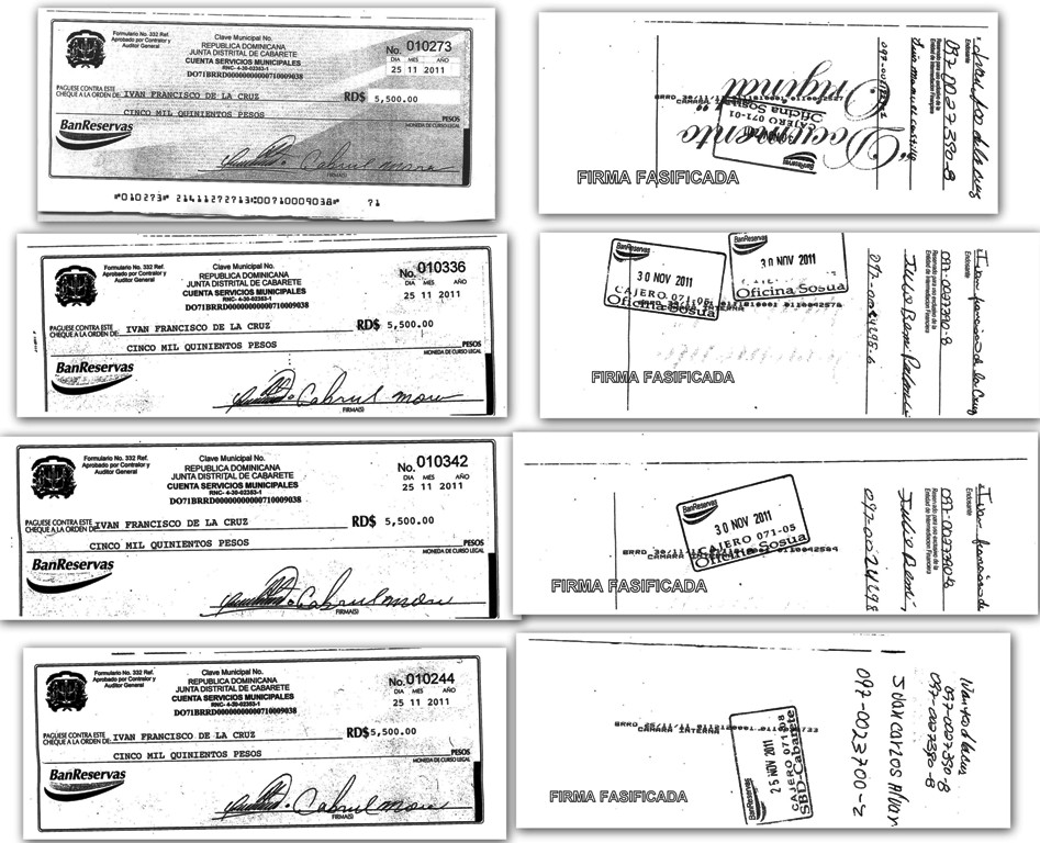 Cheques Ivan Francisco de la Cruz con firmas falsificadas