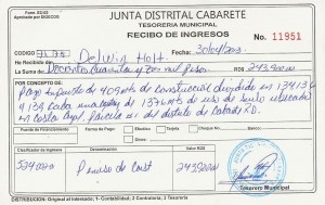 Recibo original de RD 243,900 pagado por Delwin Hott para un proyecto en Costal Azul en Cabaredte