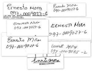 Las diferentes firmas de Ernesto Mora que fueron utilizadas para endosar los cheques